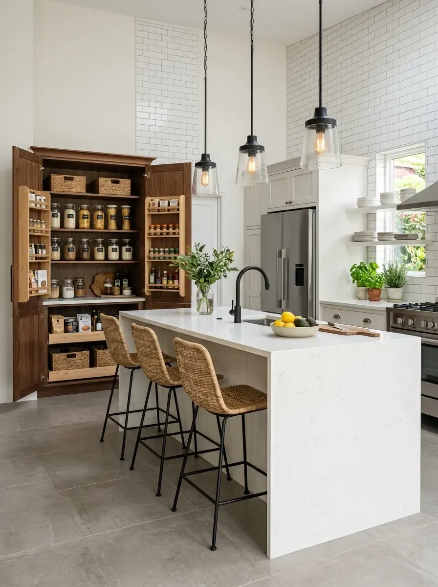 Bright kitchen with waterfall quartz island, custom walnut pantry cabinet, white subway tile, seeded glass pendants and rattan stools