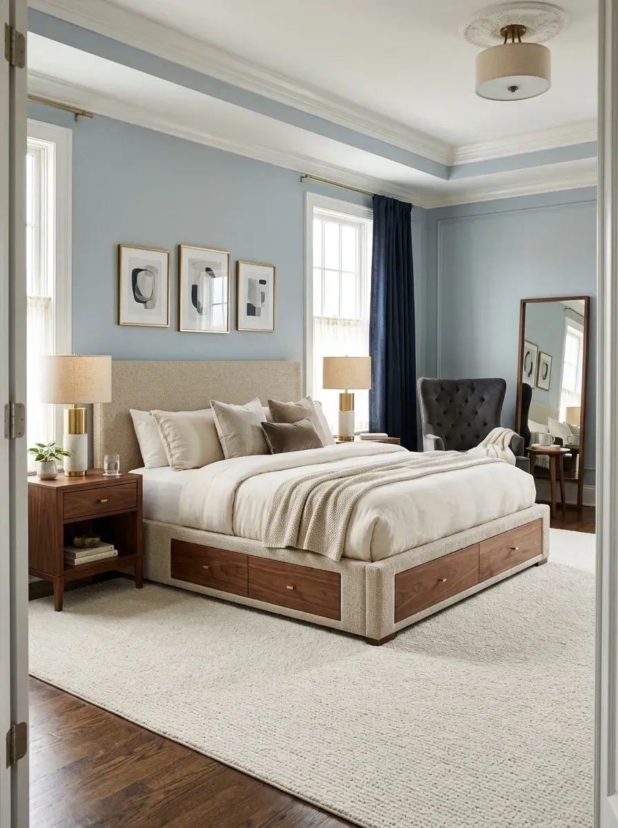 Powder blue primary bedroom with crown molding, oatmeal upholstered storage bed with walnut drawer base, matching nightstands, brass lamps, charcoal tufted reading chair and triptych art