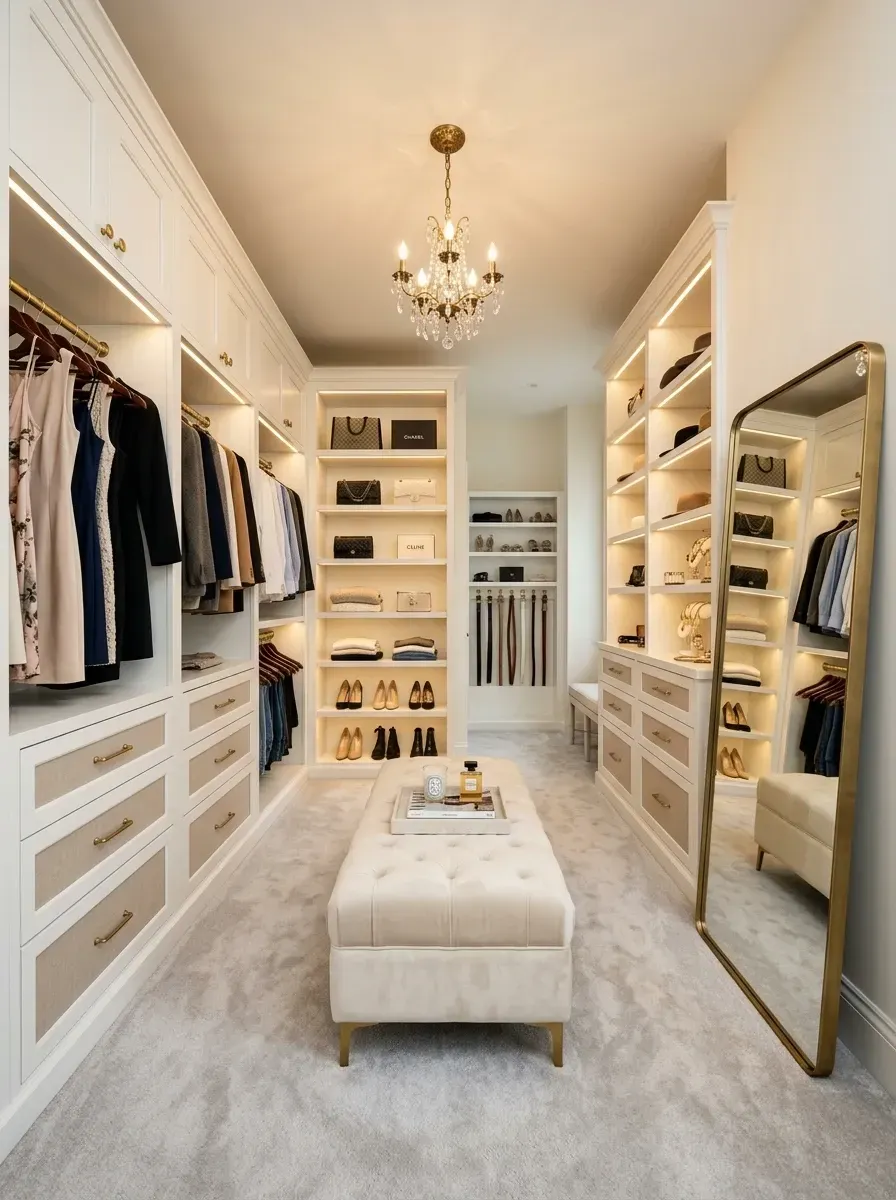 Luxury walk-in closet with floor-to-ceiling cream cabinetry, integrated LED shelf lighting, crystal chandelier, tufted ivory bench and brass leaning mirror