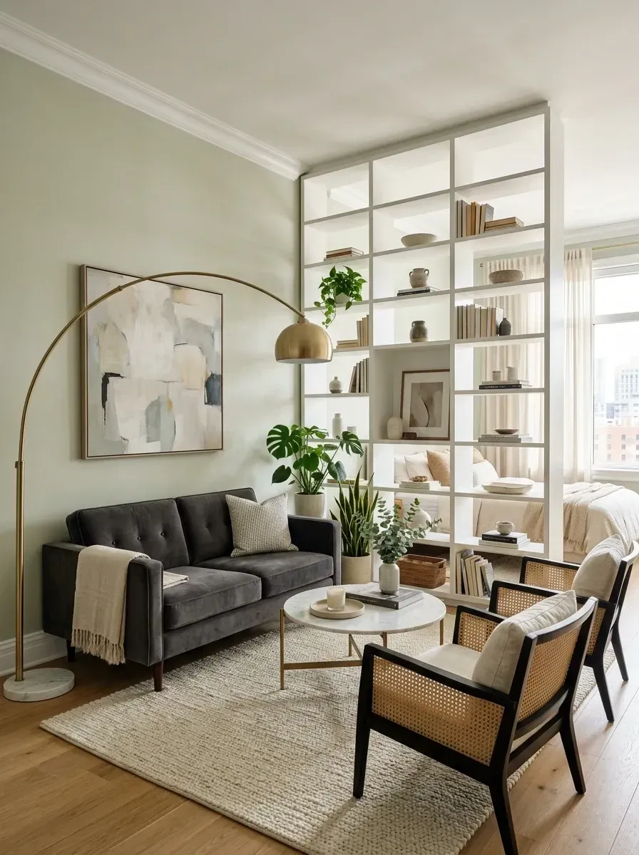 Studio living room with floor-to-ceiling open white shelving room divider, sage walls, charcoal velvet sofa, cane chairs, brass arc lamp and round marble coffee table