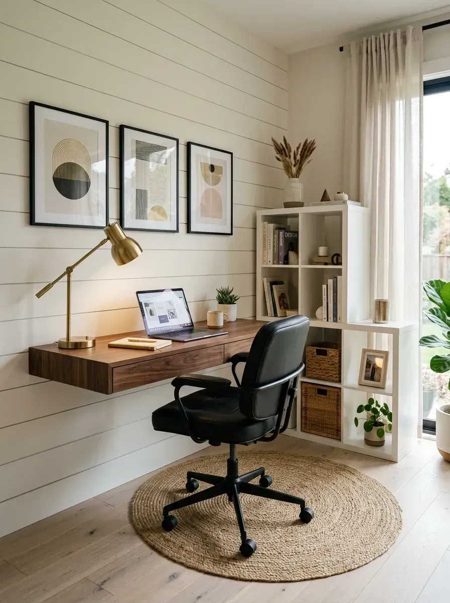 Compact home office corner with wall-mounted walnut floating desk, horizontal shiplap wall, brass adjustable desk lamp, acrylic ghost chair and white cube bookcase