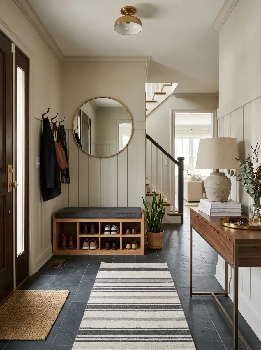 Transitional entryway with cream board-and-batten wainscoting, slate-look floor tile, oak shoe storage bench, walnut console, round brass mirror and striped wool runner