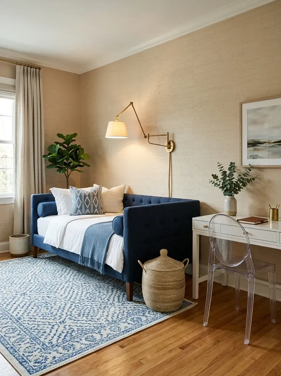 Guest room with deep navy upholstered daybed, natural grasscloth wallpaper, brass swing-arm sconce, white desk with acrylic ghost chair and blue patterned rug