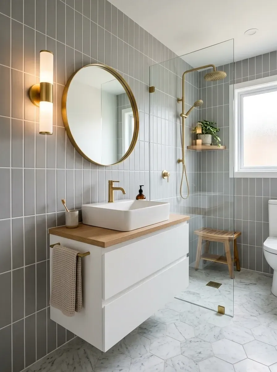 Modern spa bathroom with vertical stacked grey subway tile, floating oak vanity, satin brass fixtures, frameless glass shower screen and hexagon marble floor