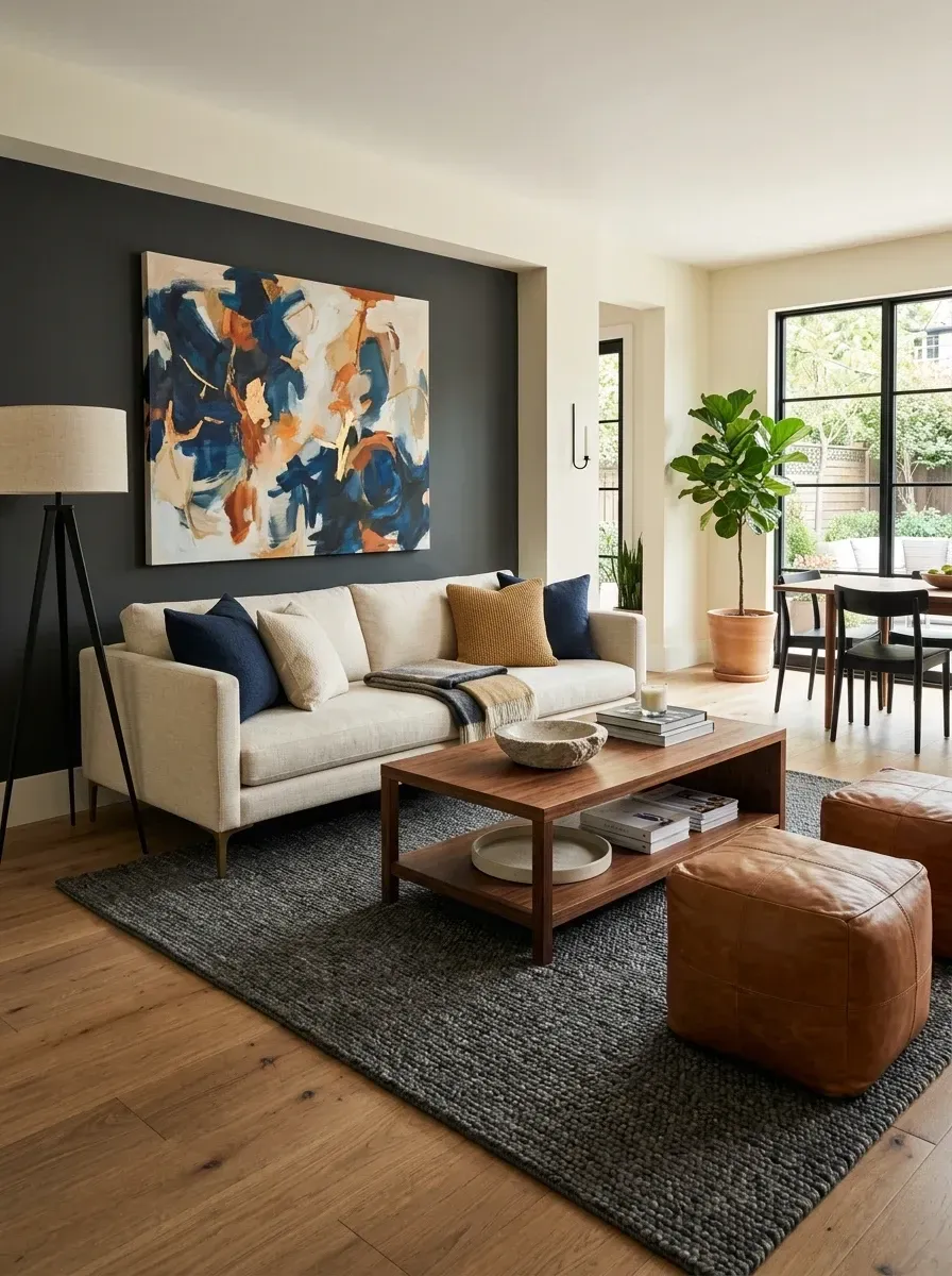 Open-concept living room with deep charcoal accent wall, oversized abstract canvas art, cream linen sofa, cognac leather poufs, walnut coffee table and chunky charcoal wool rug