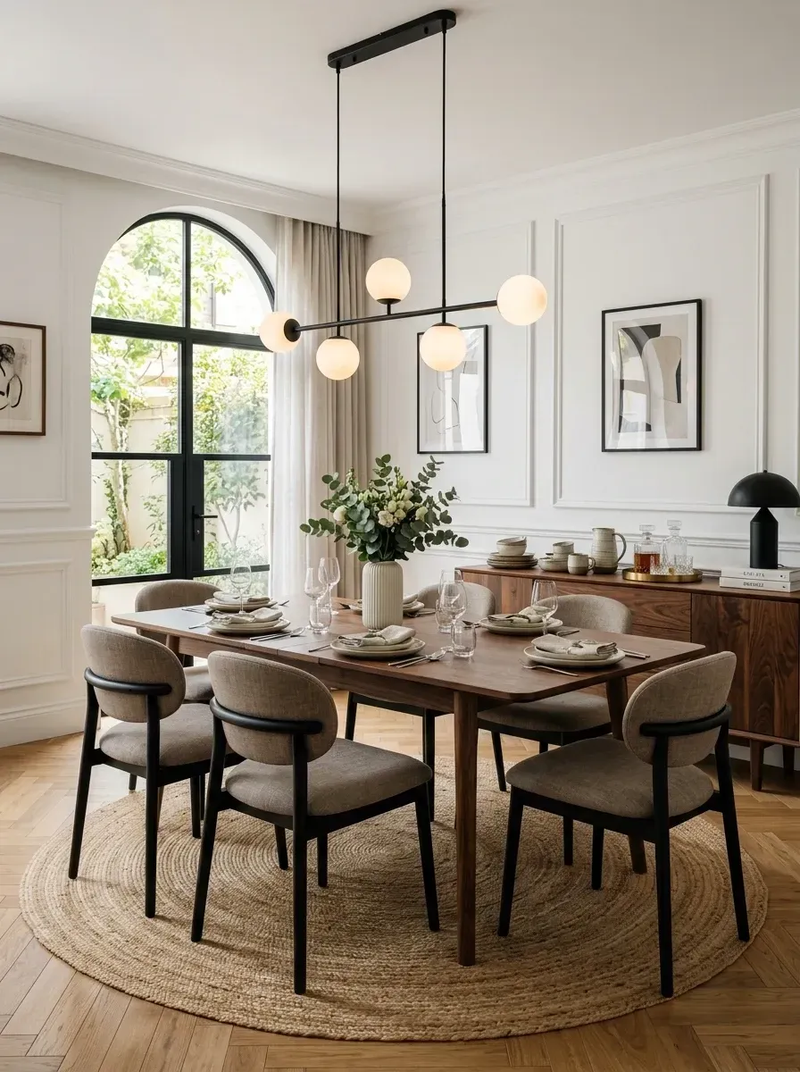 Parisian-style dining room with white picture-frame wall molding, arched window, walnut dining table with upholstered chairs, linear globe chandelier and round jute rug