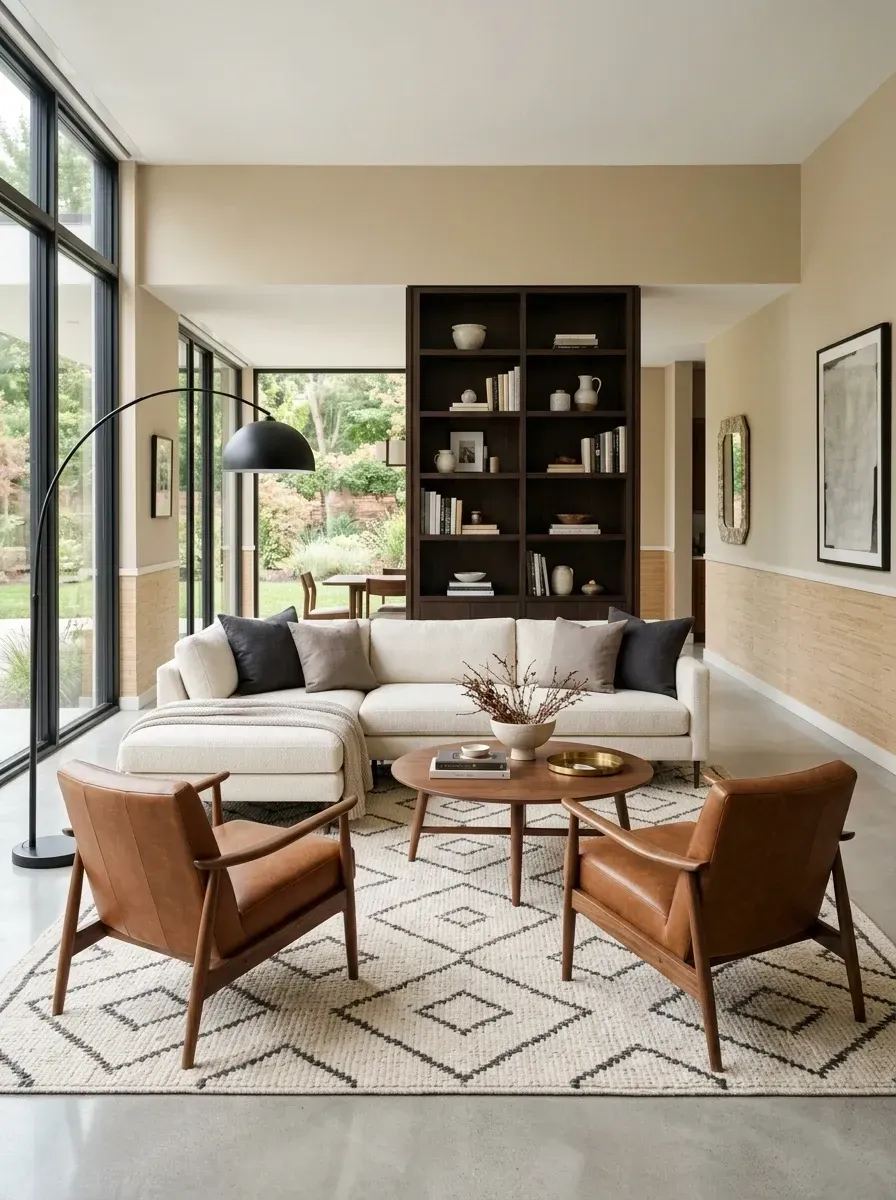 Modern living room with floor-to-ceiling dark built-in bookshelf room divider, off-white sectional, cognac leather chairs, and concrete floors