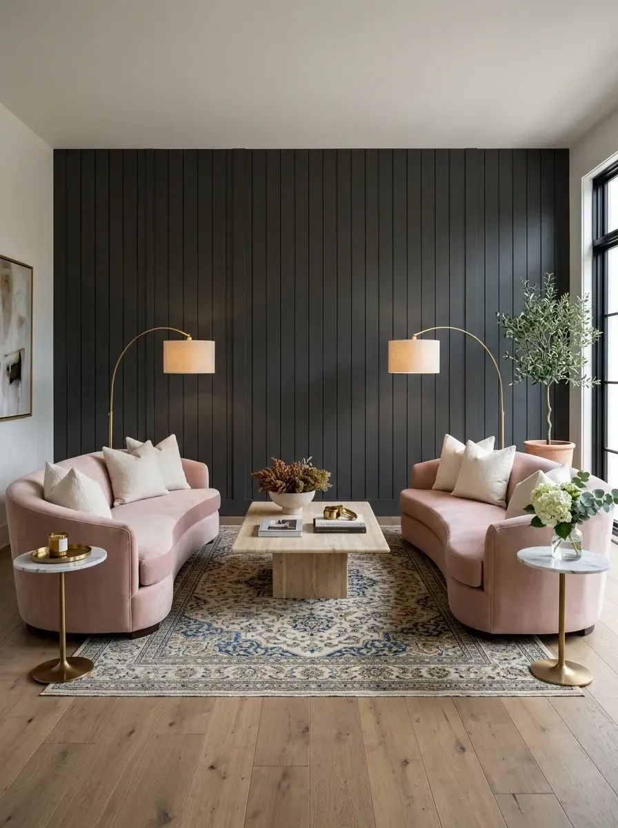 Living room with floor-to-ceiling black vertical shiplap accent wall, two curved blush velvet sofas, travertine coffee table, and brass arc lamps