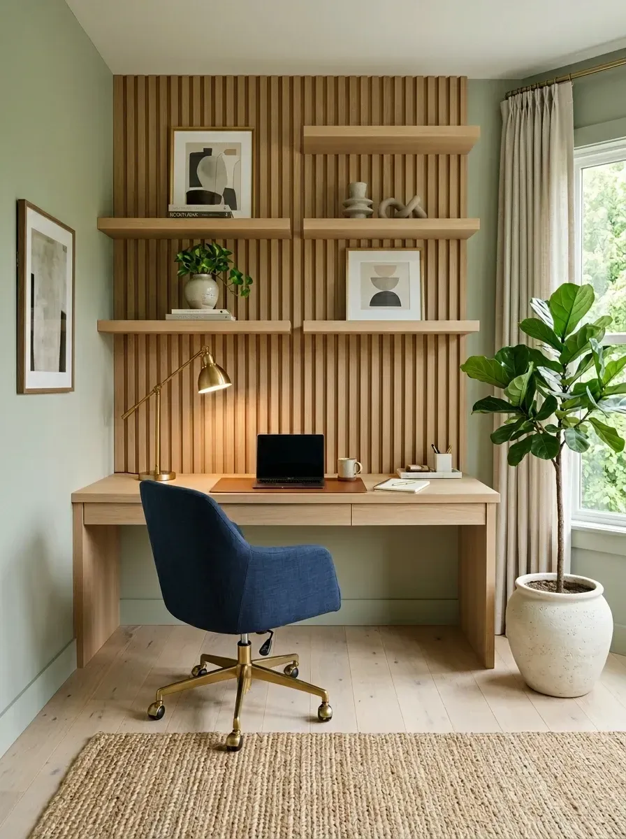 Scandinavian home office with floor-to-ceiling oak slat wall, asymmetric floating shelves, light oak desk, and navy upholstered desk chair