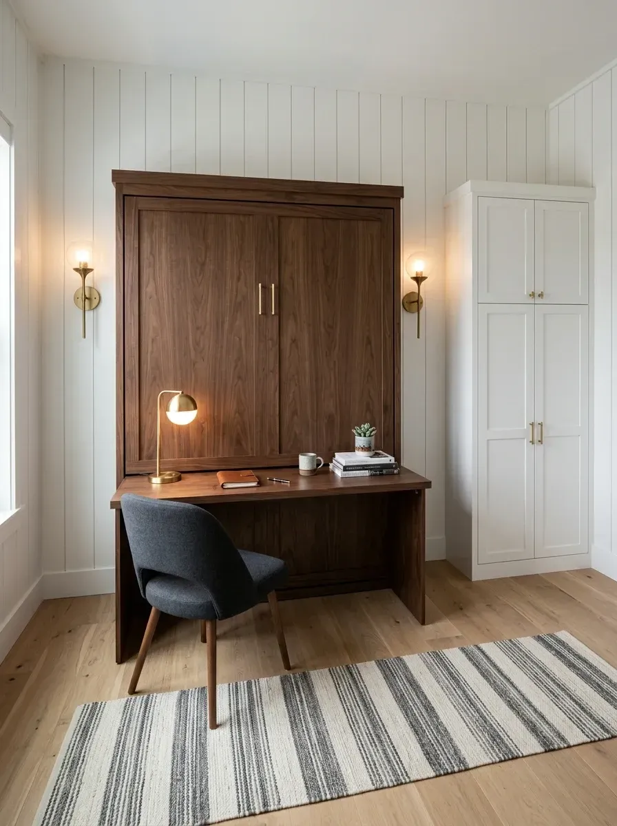Compact guest room with walnut Murphy bed and integrated fold-down desk, white vertical shiplap walls, brass sconces, and gray side chair