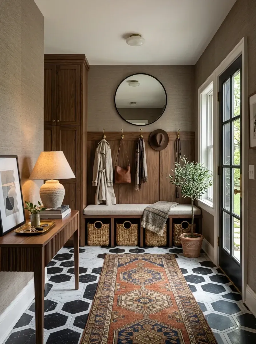 Moody mudroom with dark walnut built-in bench, black-and-white hexagon marble floor, vintage Persian runner, brass hooks, and taupe wallpaper