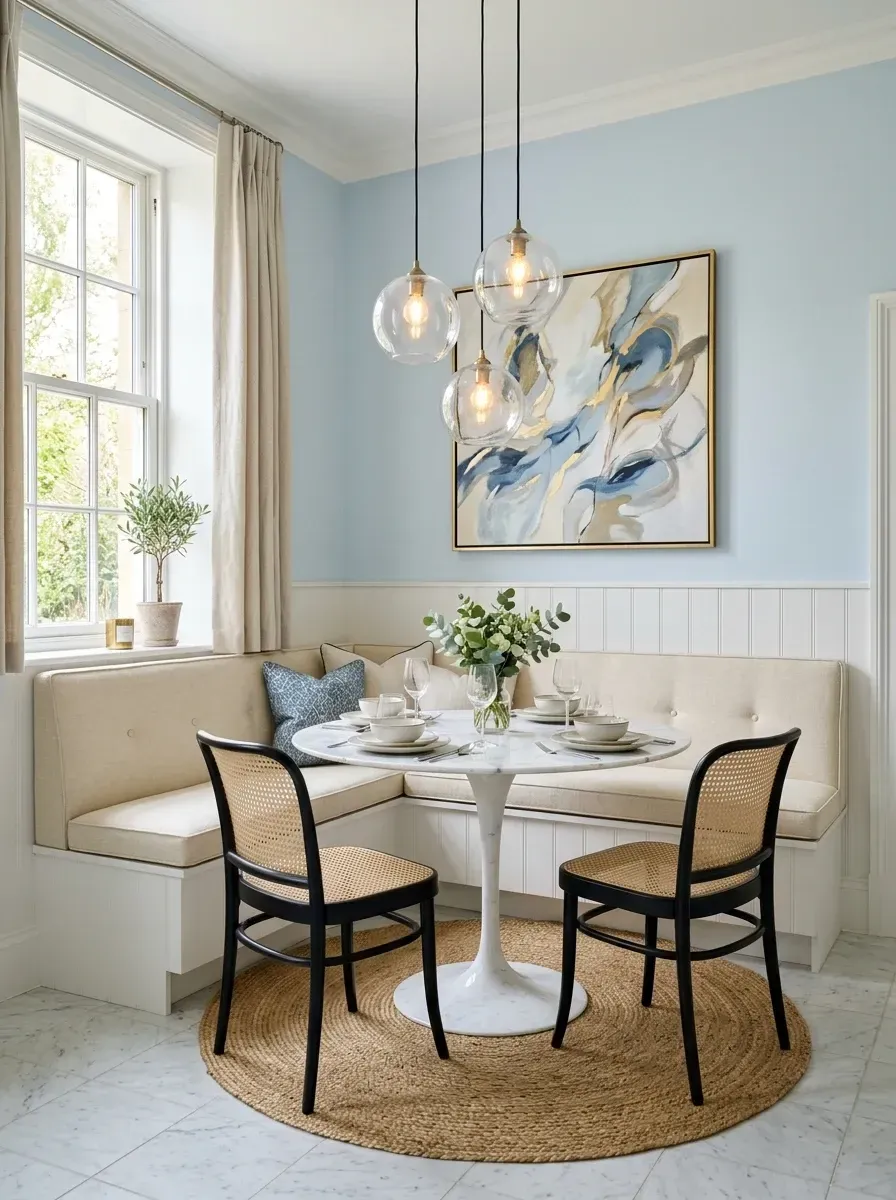 Breakfast nook with custom L-shaped cream banquette, white pedestal table, black cane chairs, three glass globe pendants, and powder blue walls