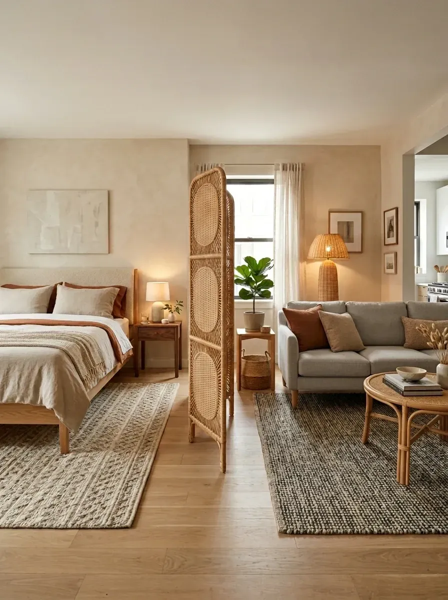 Compact studio apartment zoned by a folding rattan screen, with platform bed, light gray sofa, terracotta accents, and two distinct rugs