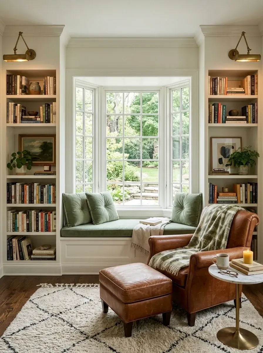 Reading nook centered on a bay window with custom built-in bookshelves, sage green window seat, cognac leather armchair, and brass library sconces