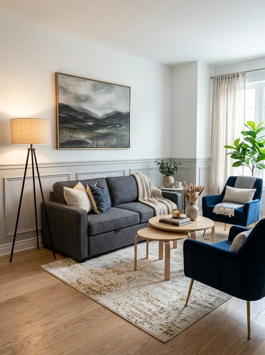 Refined small living room with gray picture-frame molding, charcoal sofa, navy velvet armchairs, nesting birch coffee tables, and tripod floor lamp
