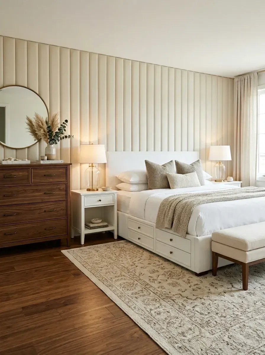 Primary bedroom with floor-to-ceiling channel-tufted sand accent wall, white upholstered storage bed, walnut dresser, round mirror, and espresso hardwood floors