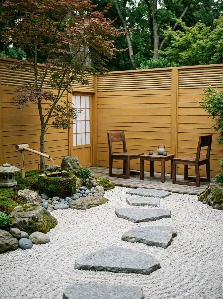 Japanese Zen garden with raked white gravel, granite stepping stones, bamboo fence, shoji door and Japanese maple