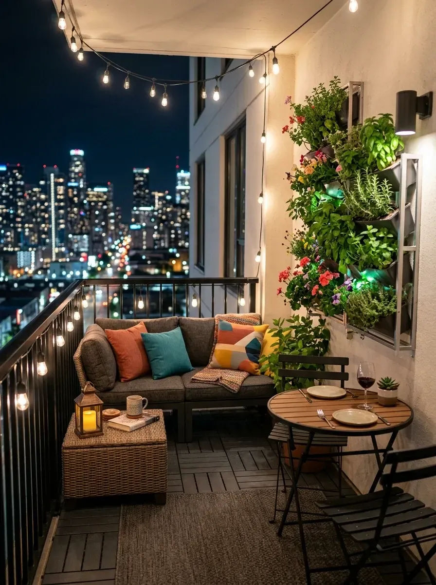 Small urban balcony with vertical living wall garden, compact sectional, bistro table and chairs, string lights and colorful textiles against city skyline