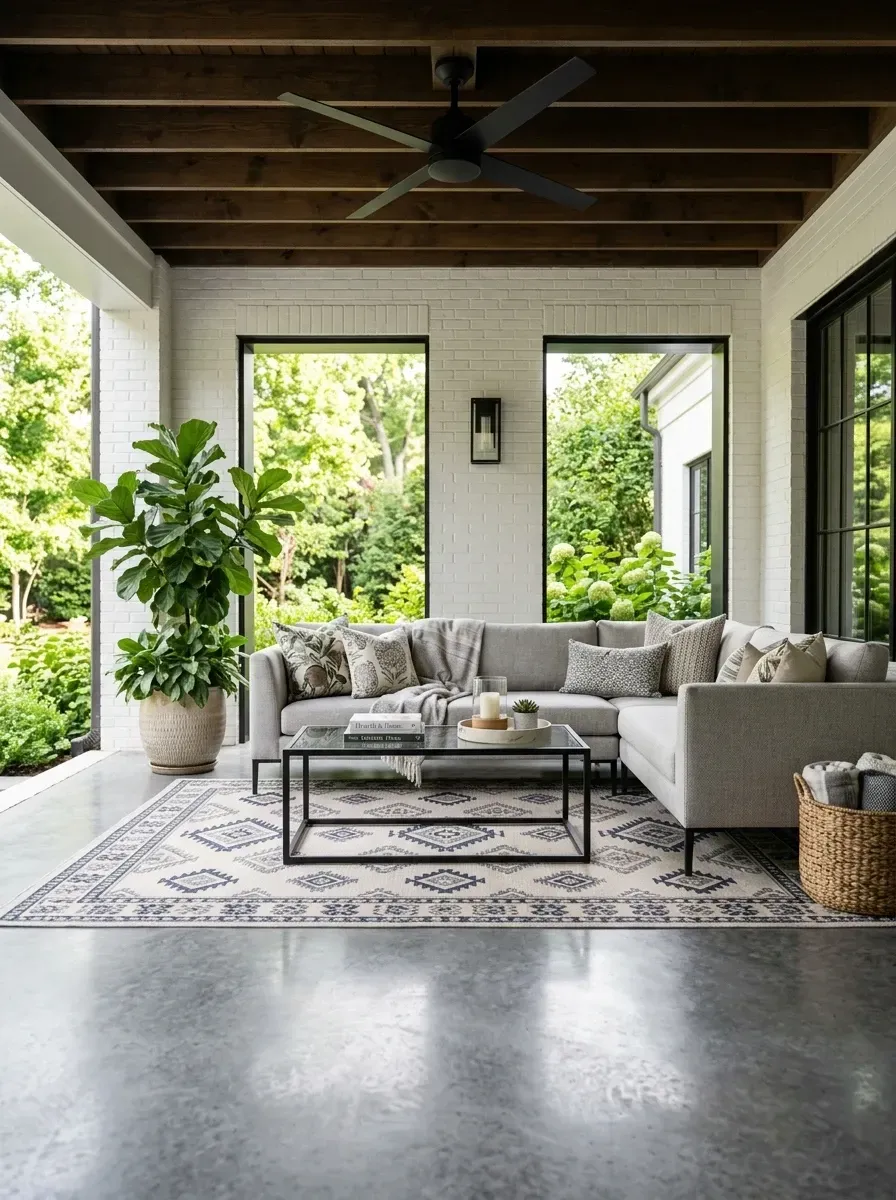 Covered farmhouse patio with white painted brick walls, dark wood plank ceiling with fan, large neutral sectional and patterned rug