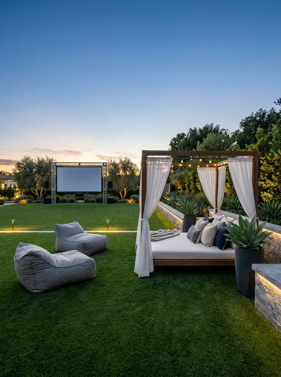 Backyard cinema with large outdoor movie screen, wooden cabana with daybed, white curtains, bean bags and stone retaining wall with LED lighting