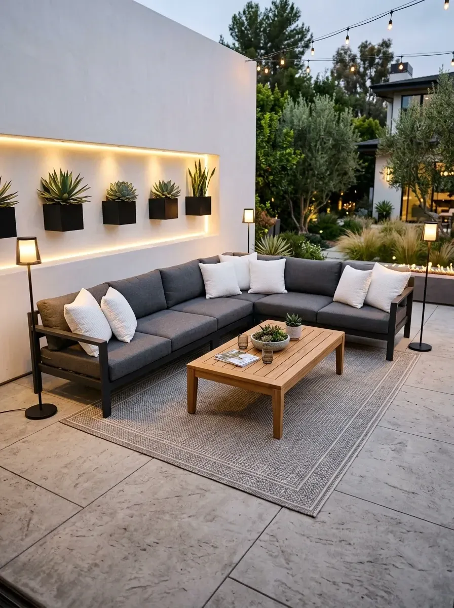 Contemporary patio with white stucco wall, recessed LED-lit niche, modern black planters, dark grey aluminum sectional and teak coffee table