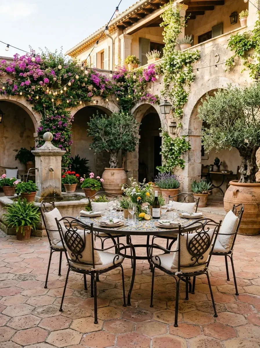 Mediterranean courtyard with mosaic tile dining table, wrought iron chairs, stone walls and arches, tiered fountain and bougainvillea