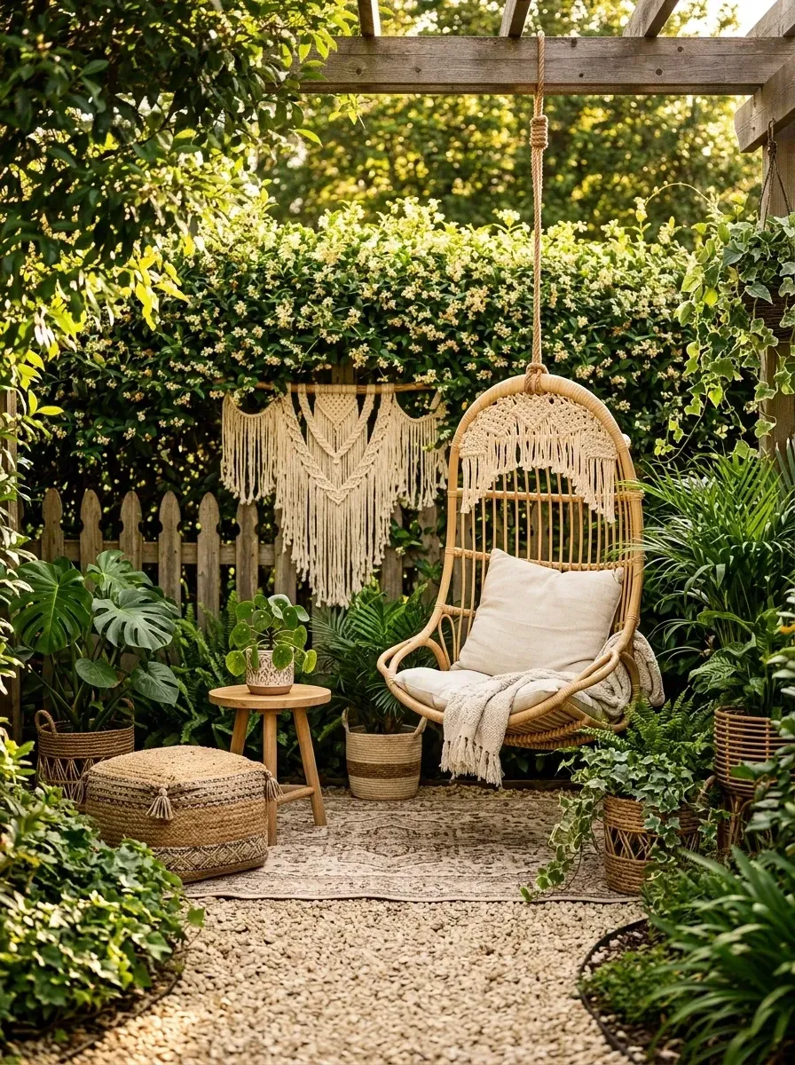 Boho garden nook with rattan hanging egg chair, macrame wall hanging, jute pouf, layered rugs on gravel and abundant potted plants under wooden pergola