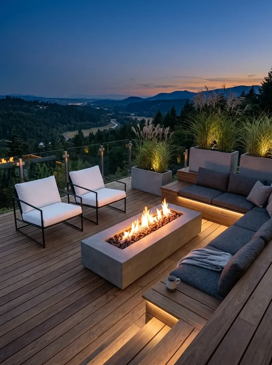 Modern hardwood deck with built-in wood bench with LED lighting, rectangular concrete fire pit, glass railings and large planters with ornamental grasses