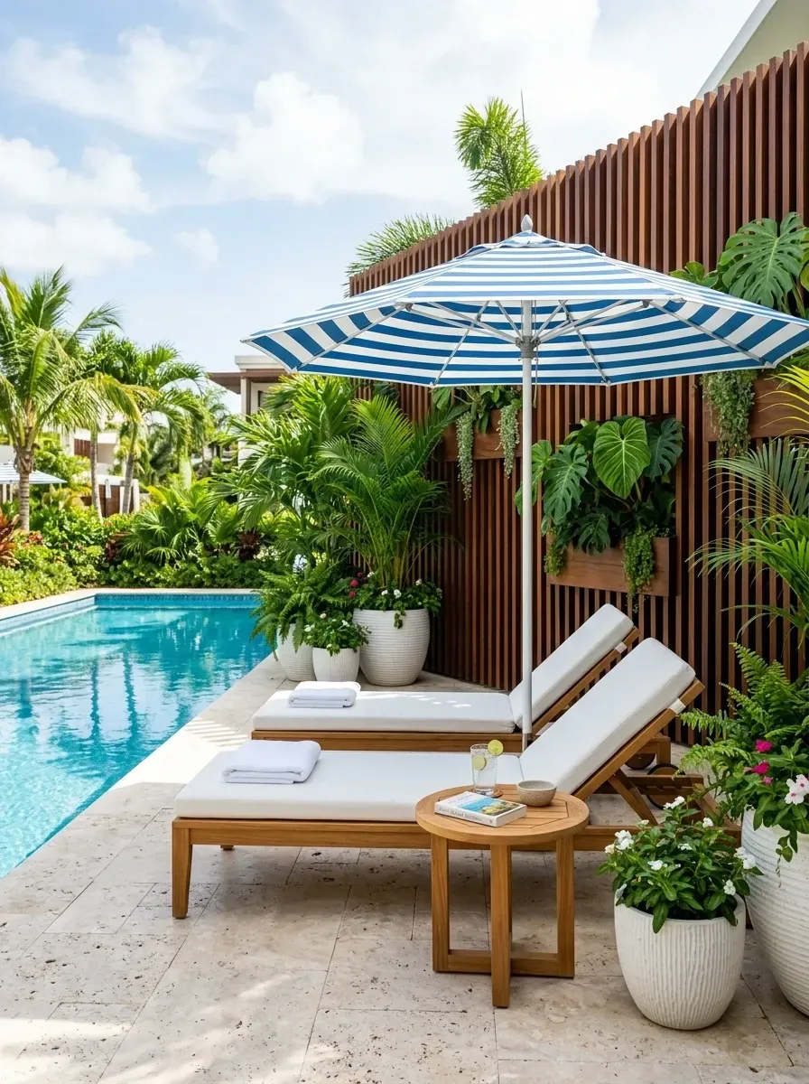 Resort-style poolside lounge with teak chaise lounges, blue and white striped umbrella, travertine paver deck, wood slat privacy wall and tropical foliage