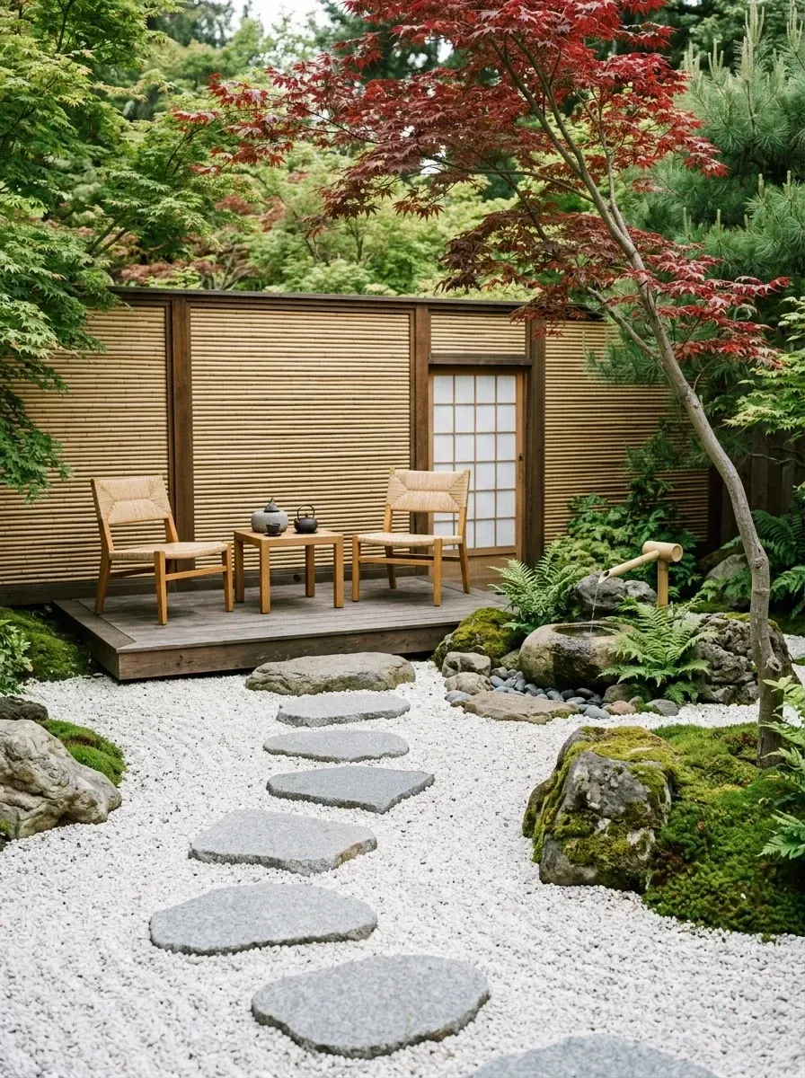 Minimalist Japanese tea garden with raised wooden deck, two woven seat chairs, stone tsukubai water basin with bamboo spout, stepping stones in white gravel and Japanese maple