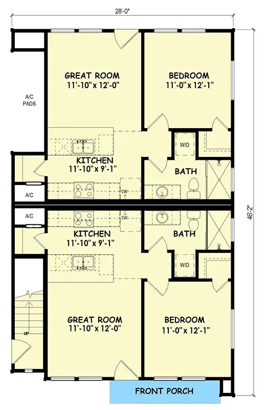 Plan 100368GHR main level floor plan showing stacked triplex layout with two mirrored one-bedroom ground floor units Unit A and Unit B each with covered front porch entry open concept great room and kitchen full bath dedicated laundry closet plus shared central stairwell to second floor unit