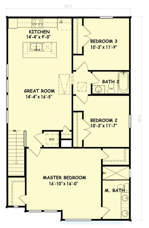 Plan 100368GHR second floor plan showing the full upper triplex Unit C three-bedroom split-bedroom layout with central island kitchen open great room private primary suite with en-suite bath on one side two secondary bedrooms sharing a full hall bath on opposite side and dedicated laundry closet