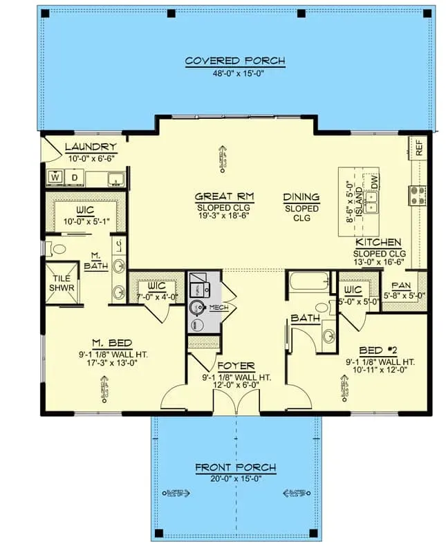 Plan 135233GRA main level slab foundation option floor plan for flat lots showing same vaulted great room split bedroom layout open kitchen and rear deck without lower level expansion potential