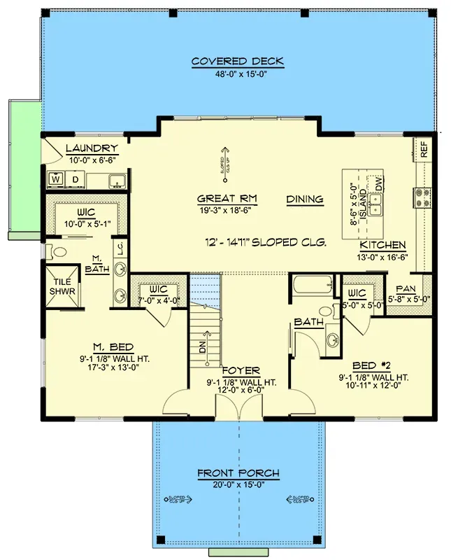 Plan 135233GRA main level floor plan 1679 sq ft modern mountain retreat with vaulted great room open kitchen with island and walk-in pantry split bedroom layout master suite with walk-in closet dual vanity bath secondary bedroom with walk-in closet shared full bath laundry mudroom with side entry and 48-foot covered rear deck