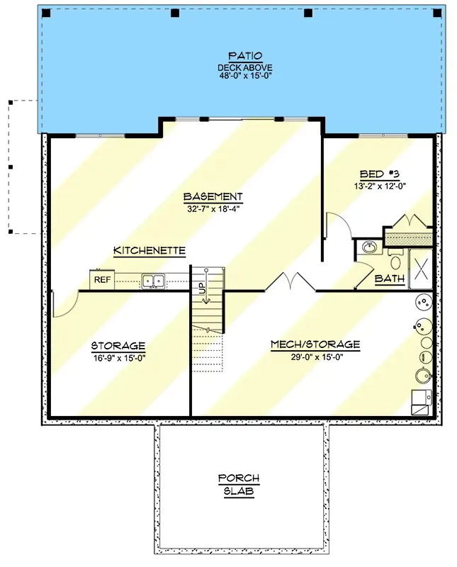 Plan 135233GRA optional walk-out lower level floor plan with large recreation room kitchenette third bedroom with walk-in closet third full bath extensive storage mechanical room and patio access beneath the main level deck