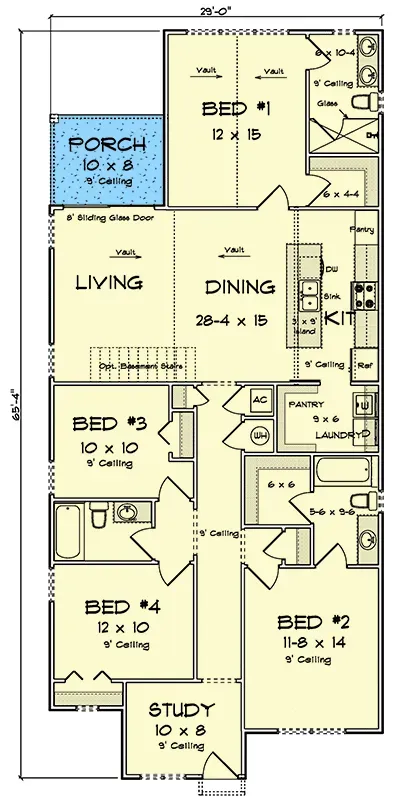 Main level floor plan of the 1,655 sq ft country house plan with 4 split bedrooms and walk-in pantry