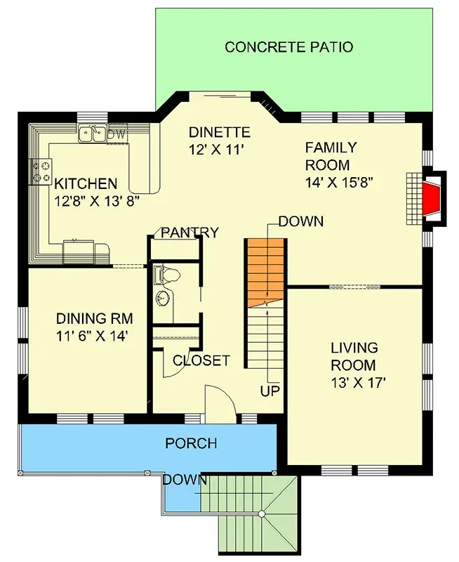 Main level floor plan for 4-bedroom Country Mountain house plan 35143GH with central stair hall