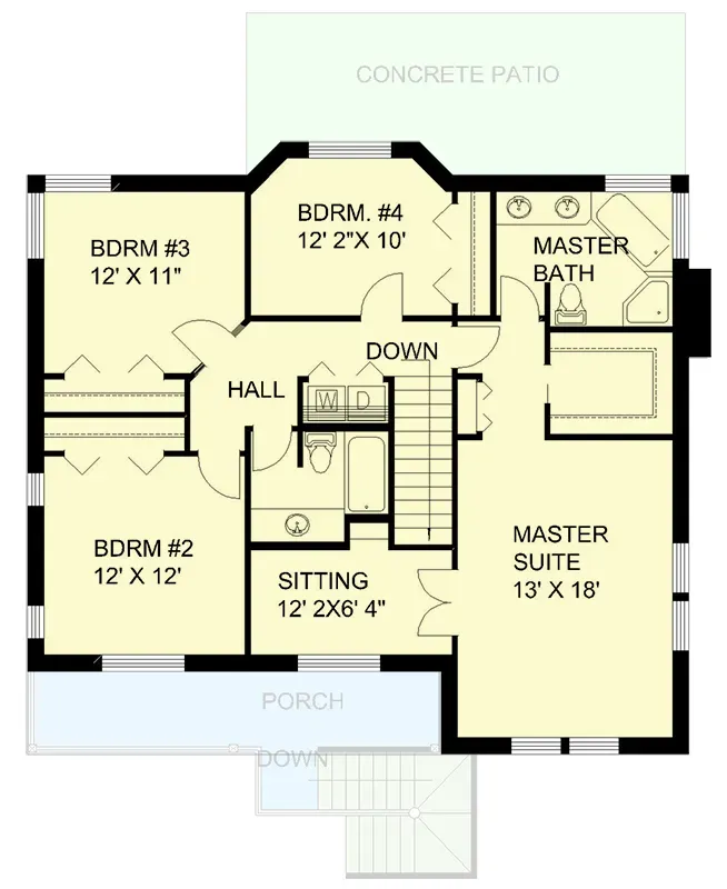 Second floor plan for Plan 35143GH showing primary suite, three secondary bedrooms, and upstairs laundry