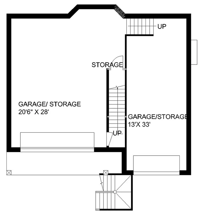 Basement plan for Plan 35143GH with drive-under garage, workshop, and unfinished walkout space