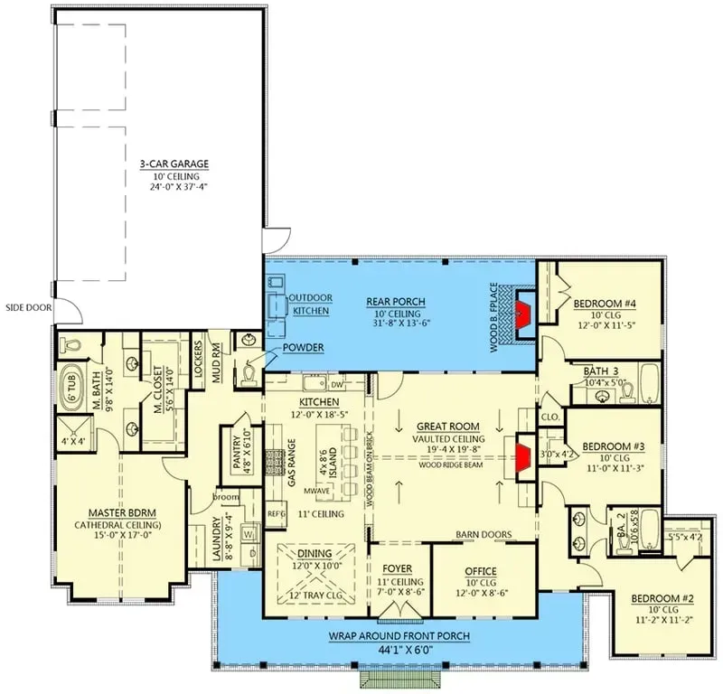 Plan 56478SM main level floor plan — 2,400 sq ft single-story 4-bedroom modern farmhouse with split-bedroom layout, vaulted great room, walk-in pantry, mudroom with lockers, dedicated home office behind barn doors, and 3-car side-load garage