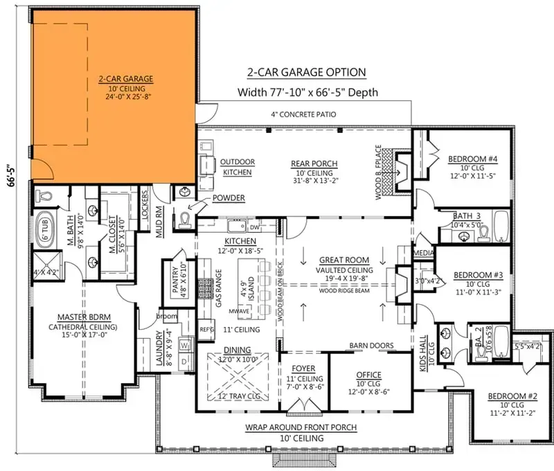 Plan 56478SM 2-car garage configuration option for narrower lots, dropping the third bay while preserving the side-load orientation