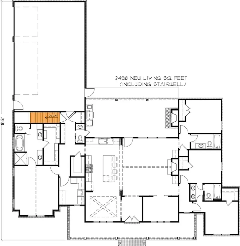 Plan 56478SM basement version floor plan with stair location for full-foundation walkout or daylight basement build option