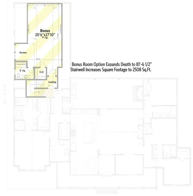Plan 56478SM optional room above garage configuration adding 420–520 sq ft of finished bonus space accessed via interior staircase