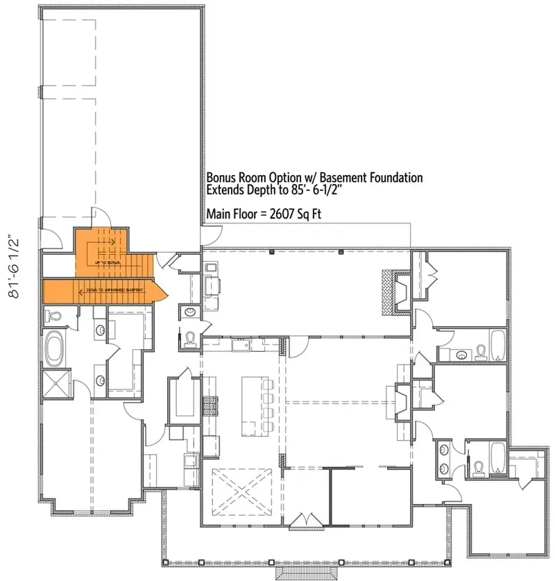 Plan 56478SM combined basement plus room above garage configuration with both stair locations on the main level