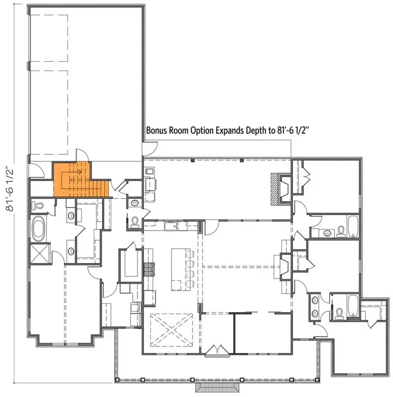 Plan 56478SM bonus room version stair location detail showing how the interior stair from main level reaches the room above garage