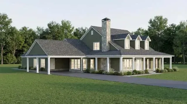 Plan 70952MK side elevation cottage bungalow showing stone chimney detail dormer placement gable end massing horizontal siding pattern and side carport integration with main building envelope