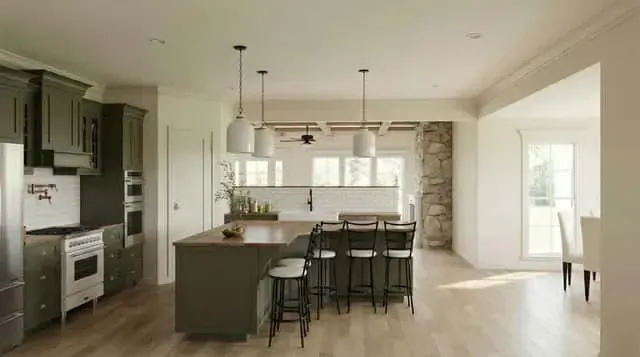 Plan 70952MK great room interior with coffered ceiling exposed wood beams stone fireplace built-in cabinetry on either side of fireplace open concept connection to kitchen and dining areas hardwood flooring and large rear windows for natural light