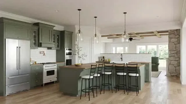 Plan 70952MK kitchen interior with large center island shaker style cabinetry stainless steel appliances pendant lighting subway tile backsplash quartz countertops walk-in pantry door visible and direct sight line to great room