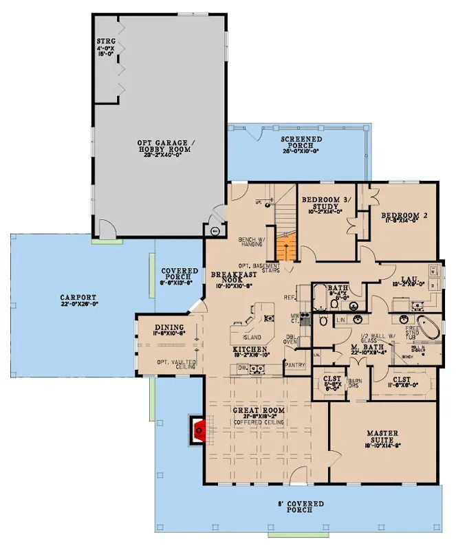 Plan 70952MK main level floor plan 2440 sq ft single-story cottage bungalow with wrap-around front porch open concept great room with coffered ceiling and fireplace L-shaped kitchen with center island walk-in pantry breakfast nook and formal dining area split-bedroom layout master suite with dual vanity bath walk-in closet connected to laundry two secondary bedrooms sharing hall bath optional study room screened rear porch and side carport