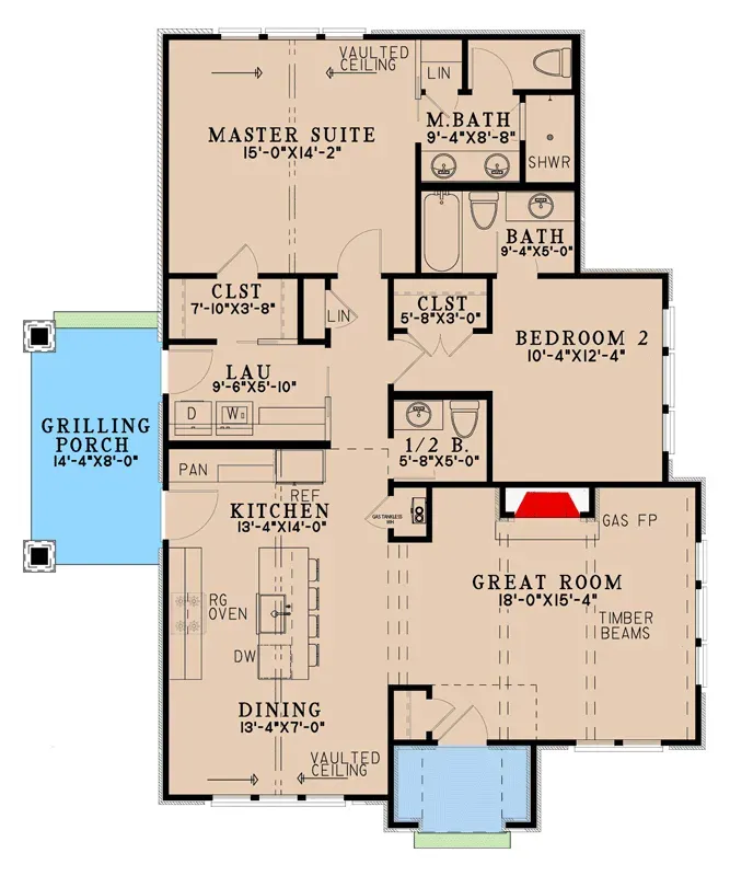 Plan 70960MK main level floor plan — 1,325 sq ft single-story Tudor cottage with split-bedroom layout, open-concept great room and kitchen, vaulted ceilings, and grilling porch